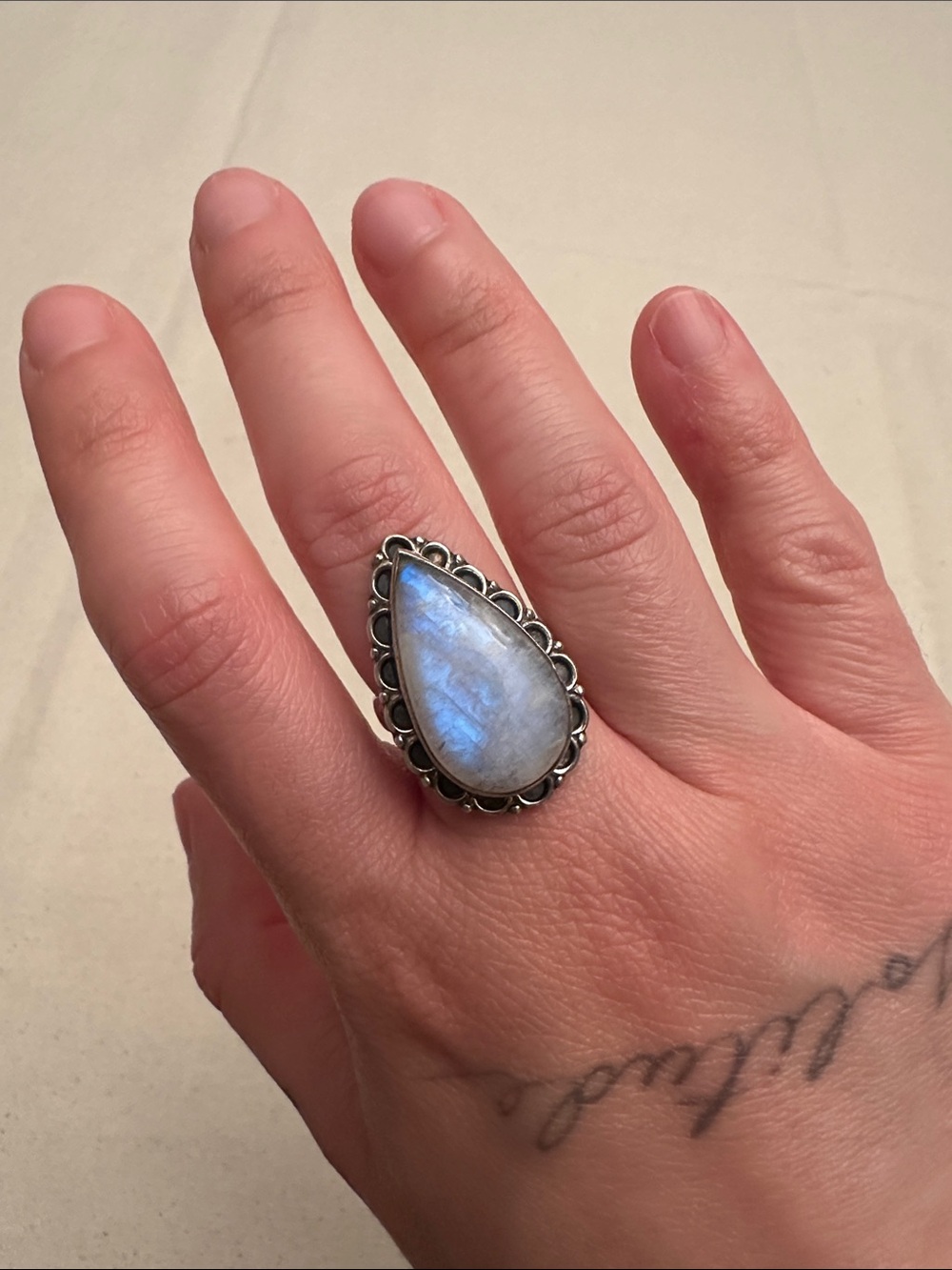 Sterling Silver Teardrop Rainbow Moonstone Ring